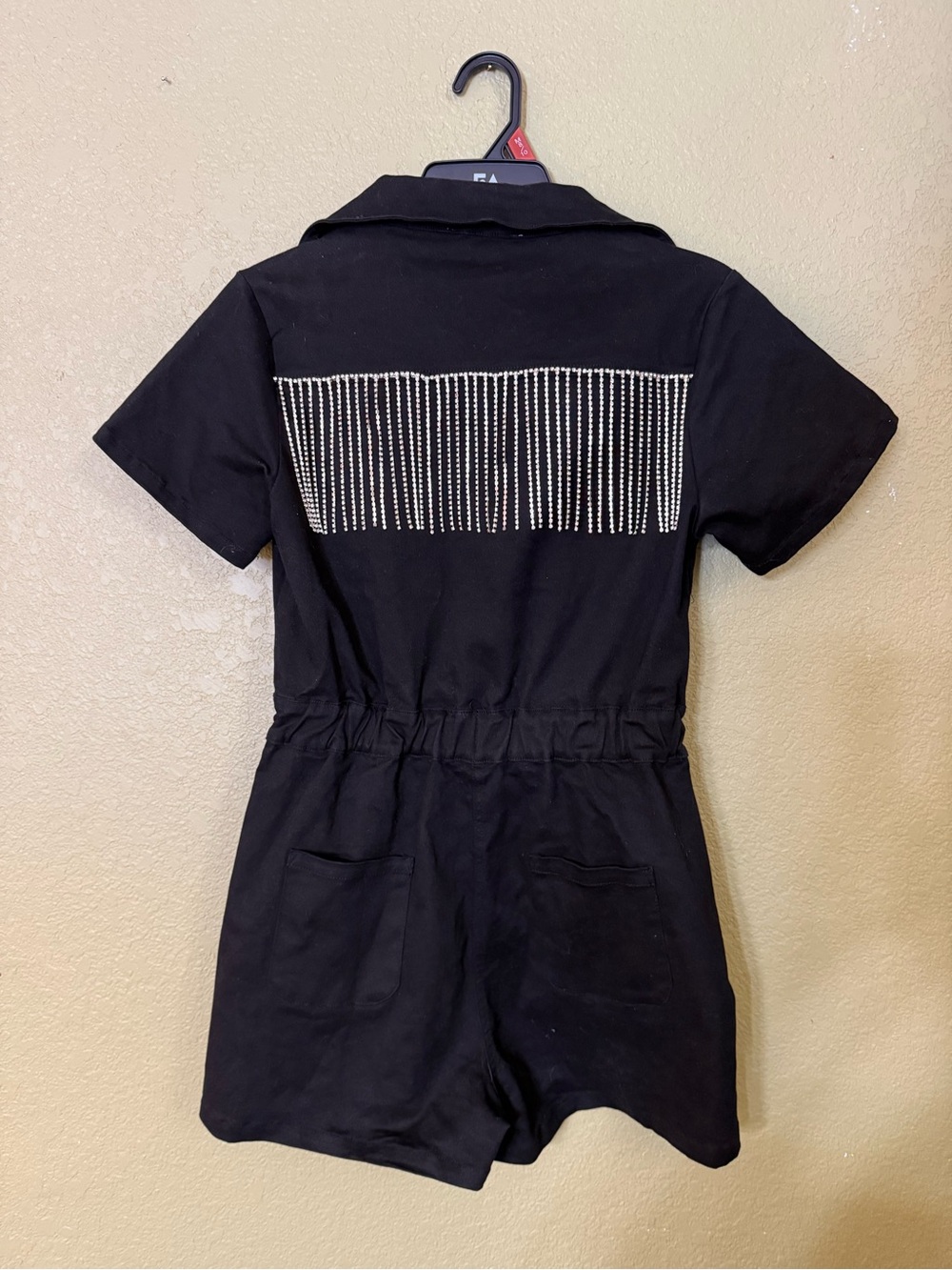 Buddy Love Black Short-Sleeve Rhinestone Back One-Piece Short Romper